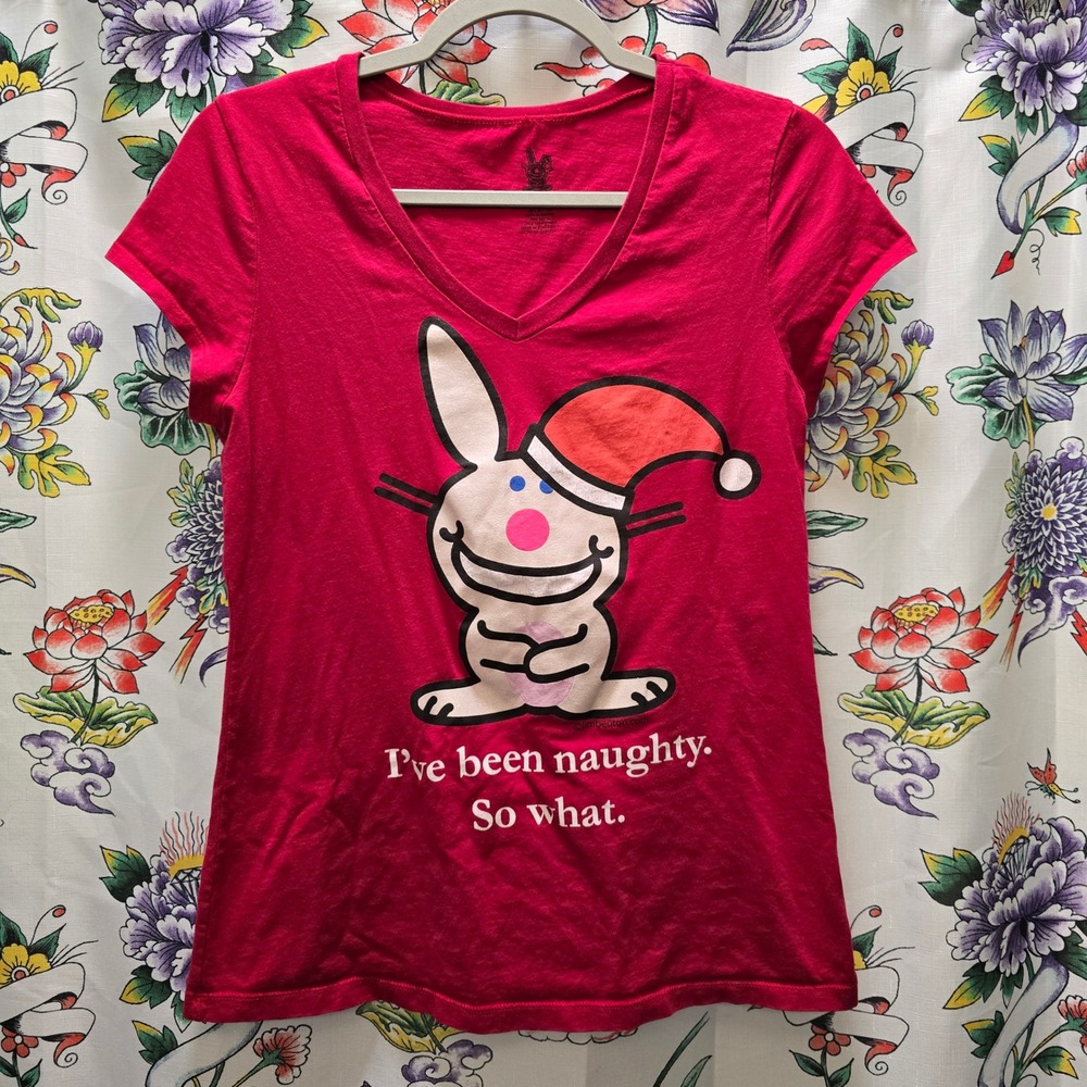 Happy Bunny Red I've been naughty So what V-Neck T-Shirt Junior XL Santa Hat
